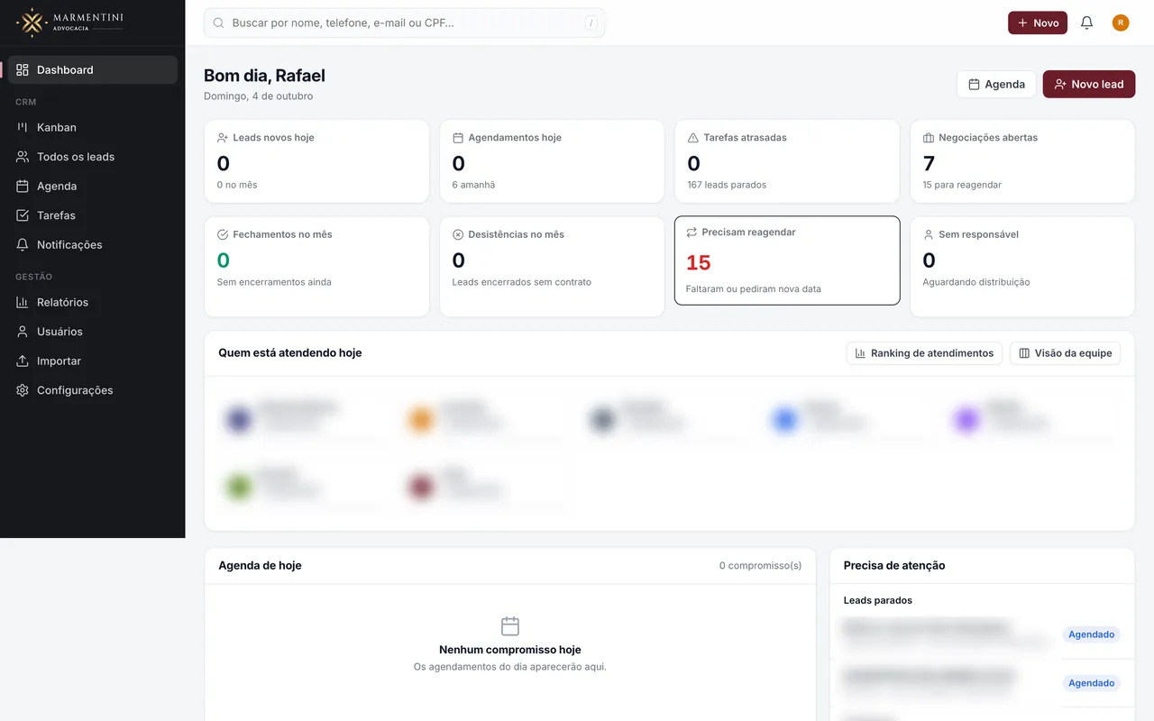 Tela do sistema: CRM para escritório de advocacia (Marmentini Advocacia)