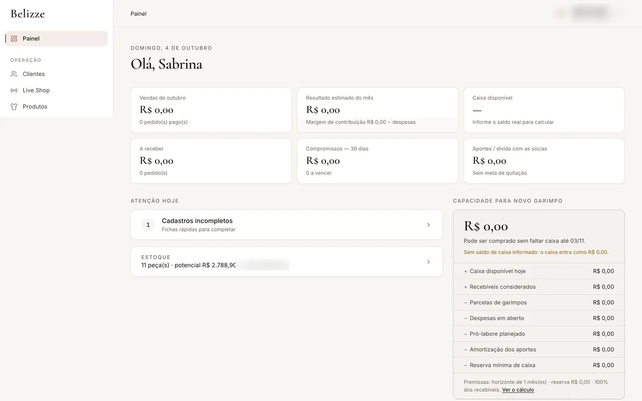 Tela do sistema: Gestão para loja de moda com vendas ao vivo (Belizze)
