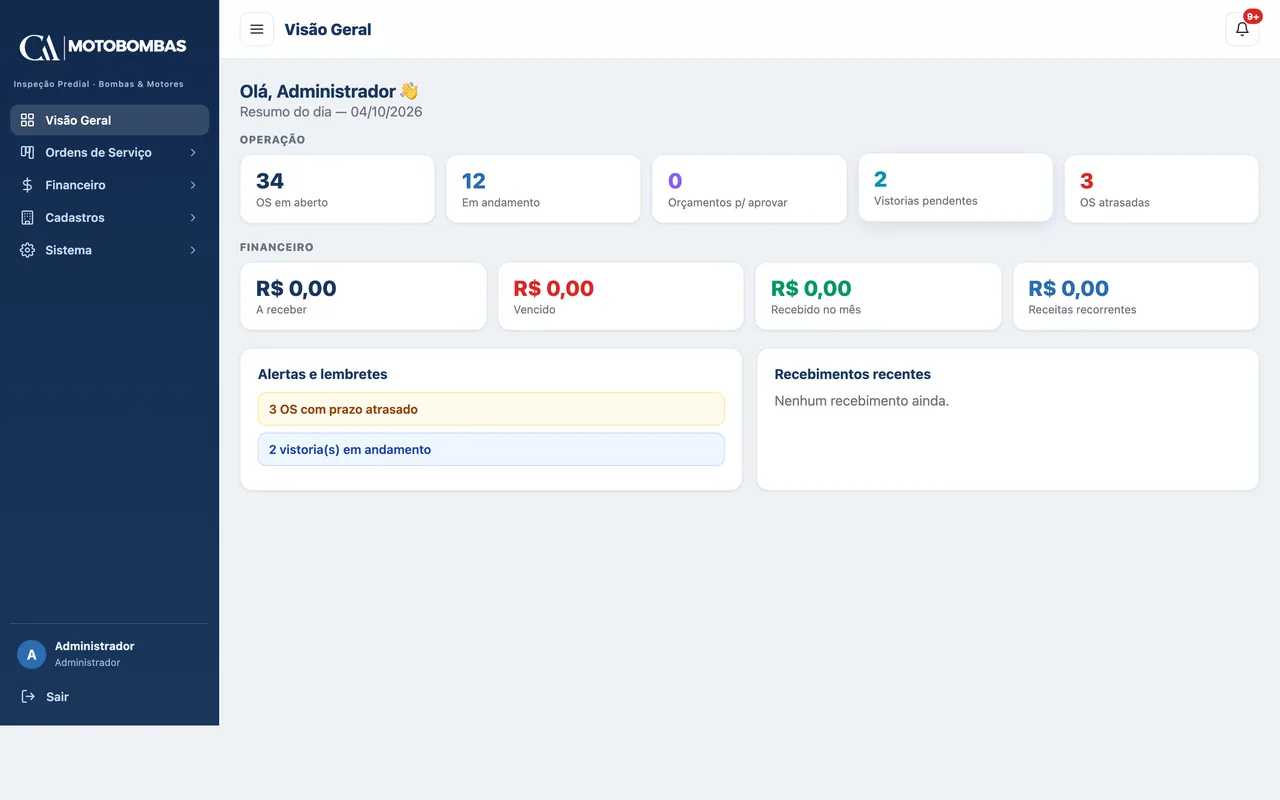 Tela do sistema: Gestão de ordens de serviço e financeiro (CA Motobombas)